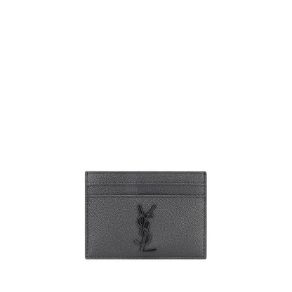 Saint Laurent Gray Calf Leather Bos Taurus Wallet with embossed logo, black card holder, season AW25, 10x10 dimension.