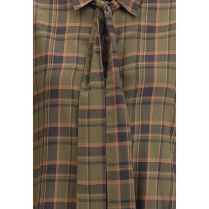 Close-up of Saint Laurent Green Cotton Pattern Shirt featuring check pattern and lavallière bow.
