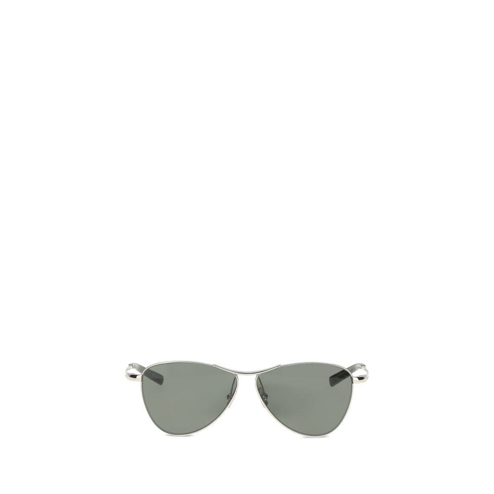 Saint Laurent Silver Metal Sunglasses with triangular frame and nylon lenses on a white background