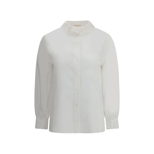 Saint Laurent White Cotton Dress Shirt with lace-trimmed Pierrot collar and beveled cuffs, featuring button front closure.