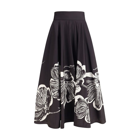 Sara Roka Black Polyester Midi Skirt with floral print and side zipper closure