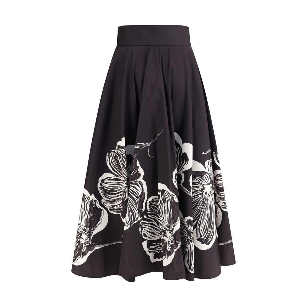Sara Roka Black Polyester Midi Skirt with floral pattern and wide silhouette, featuring two welt pockets and side zipper closure.
