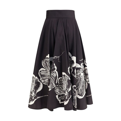 Sara Roka Black Polyester Midi Skirt with floral pattern and wide silhouette, featuring two welt pockets and side zipper closure.