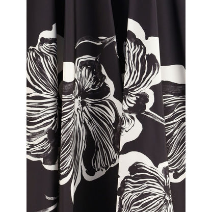 Close-up of vibrant graphic floral pattern on Sara Roka Black Polyester Midi Skirt