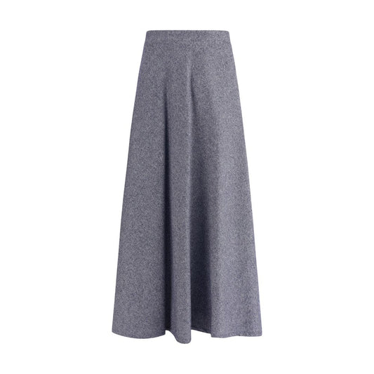 Sara Roka Blue Cotton Midi Skirt with flared silhouette and side zipper closure, featuring denim-effect fabric and front welt pockets.