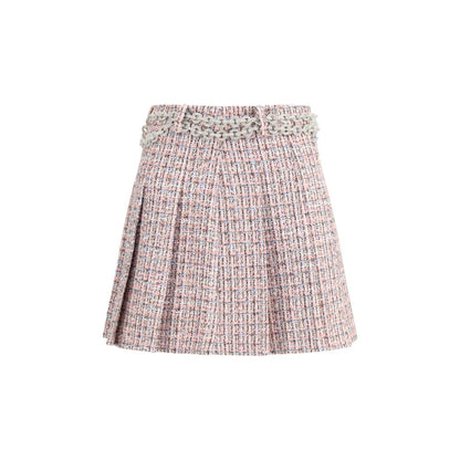 Self-Portrait Multicolor Wool Mini Skirt with rhinestone belt, pink pleated bouclé fabric, and hidden side zipper, AW25 season style.