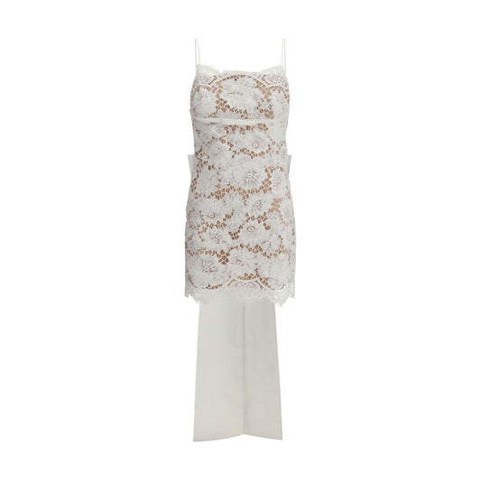 Self-Portrait White Nylon Casual Dress with lace bow and U-shaped neckline, fitted cut, fully lined, for refined modern elegance.