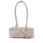 Self-Portrait suede baguette shoulder bag in grey with silver-tone hardware, bow detailing, and top zip, featuring a main compartment.