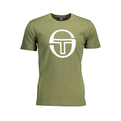 Sergio Tacchini Green Cotton Men T-Shirt with bold logo print, short-sleeve, crew neck, stylish casual wear for modern men.