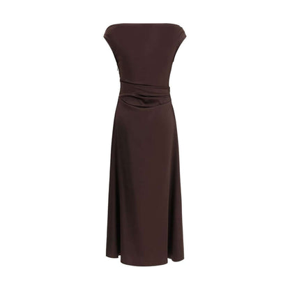 Staud Brown Silk Cocktail Dress with draped neckline and ankle-length fit, perfect for elegant occasions.
