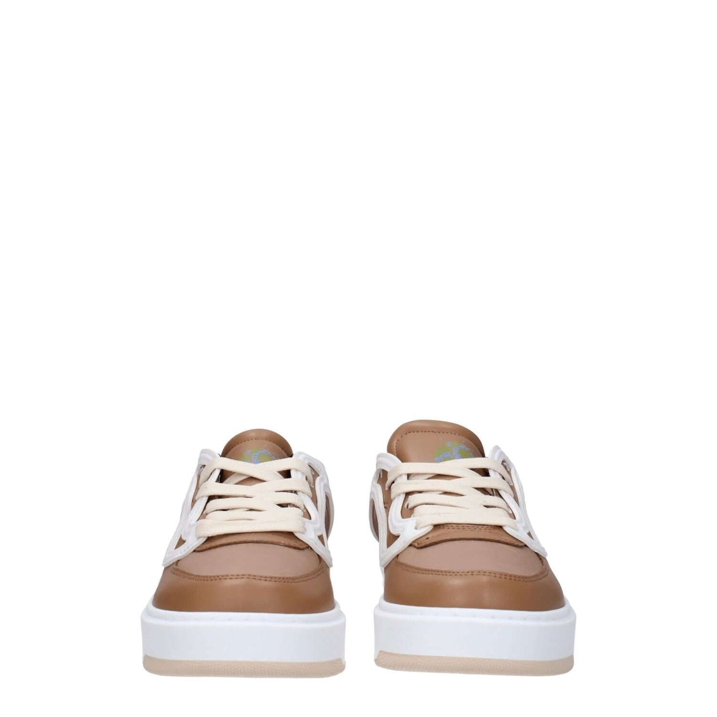 Stella McCartney Brown Fabric Chunky Sneakers with lace-up closure, featuring front and back logos, low flat heel, and rubber sole.