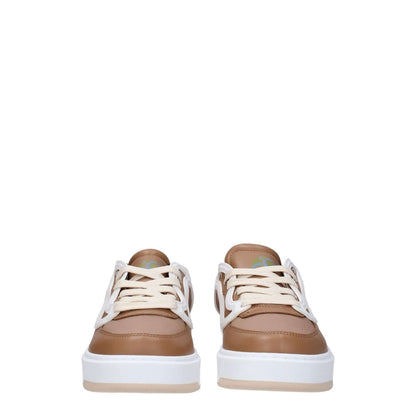 Stella McCartney Brown Fabric Chunky Sneakers with lace-up closure, featuring front and back logos, low flat heel, and rubber sole.