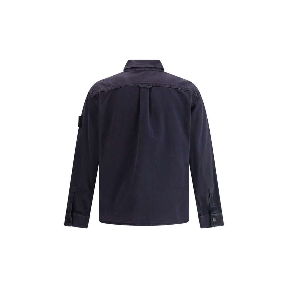 Back view of Stone Island Blue Cotton Dress Shirt with patch pockets and logo on sleeve.