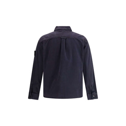 Back view of Stone Island Blue Cotton Dress Shirt with patch pockets and logo on sleeve.
