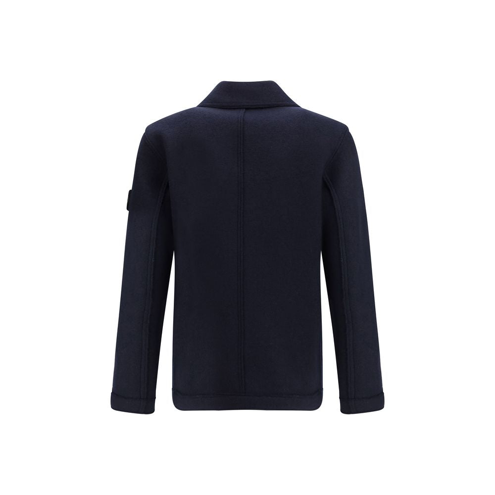 Stone Island Blue Fleece Wool Coat with chest pockets, snap-button closure, and signature badge on sleeve, back view.