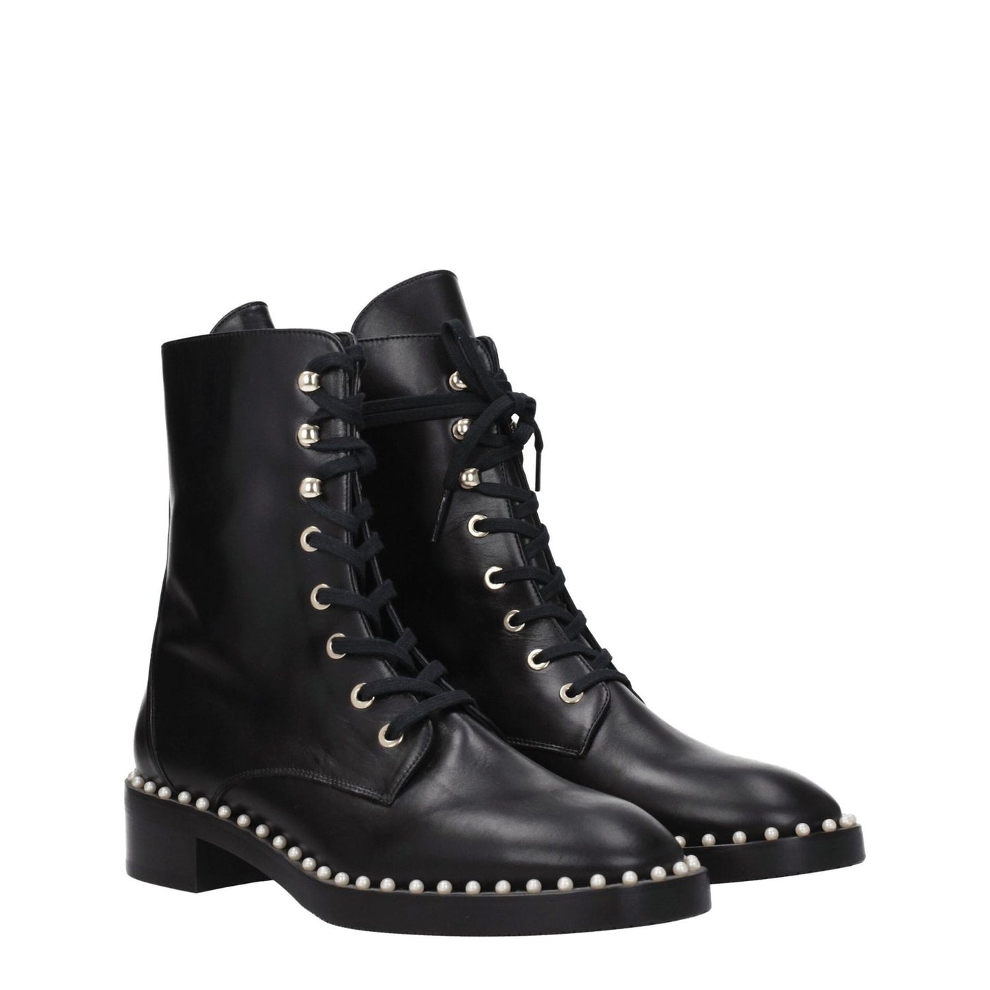 Stuart Weitzman Black Leather Ankle Boots with beaded detailing, lace-up closure, and mid heels, punk rock style.