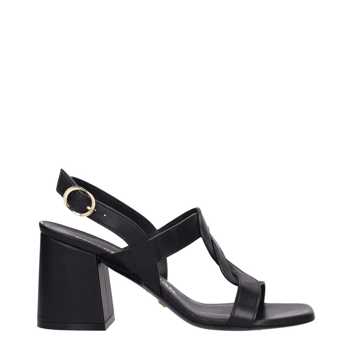 Stuart Weitzman Black Leather Platform Sandals with buckle closure, open toe, mid heels, leather sole, heel height 7.5 cm.