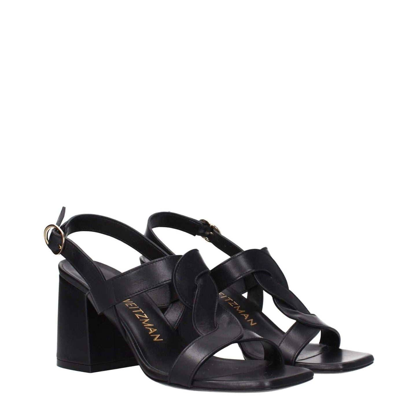 Stuart Weitzman Black Leather Platform Sandals with mid heels and buckle closure, featuring an open toe and leather sole.