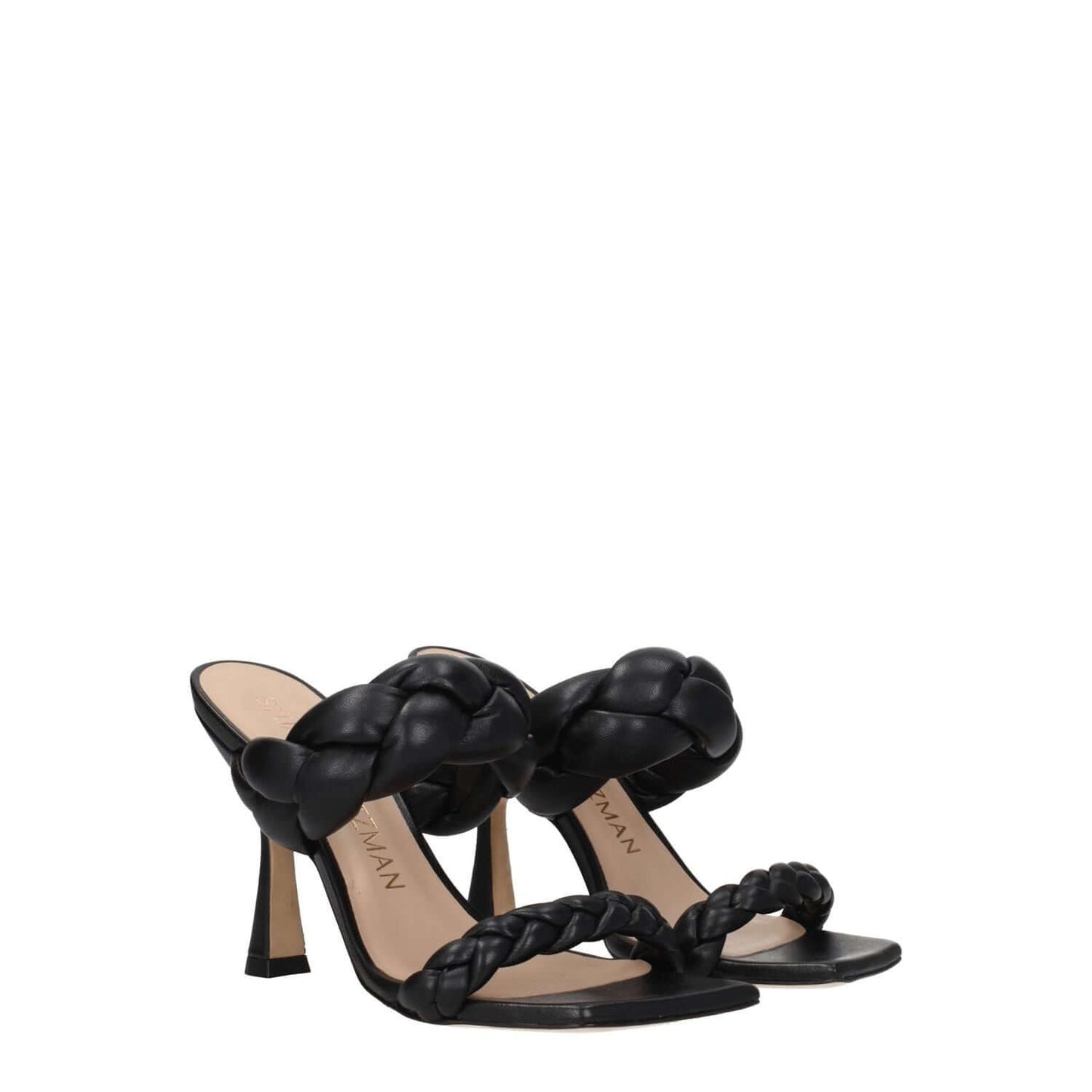 Stuart Weitzman Black Leather Stiletto Heel Sandals featuring open toe design and high heel for casual style.
