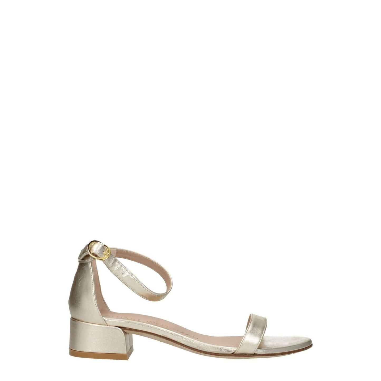 Stuart Weitzman Gold Leather Sandals with a buckle closure and 3.5 cm mid heels, featuring an open toe and metallic platinum accents.