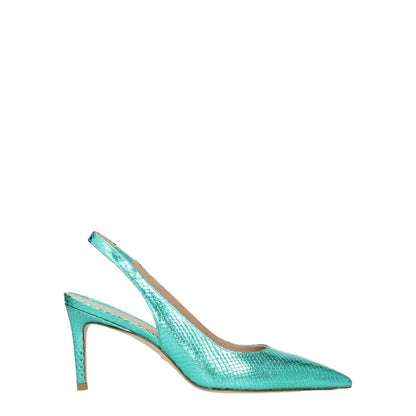 Stuart Weitzman Green Leather High Heel Pumps with snake print and pointy toe, suede design, mid heel, MPN STUART75MPESD462CAPRI.