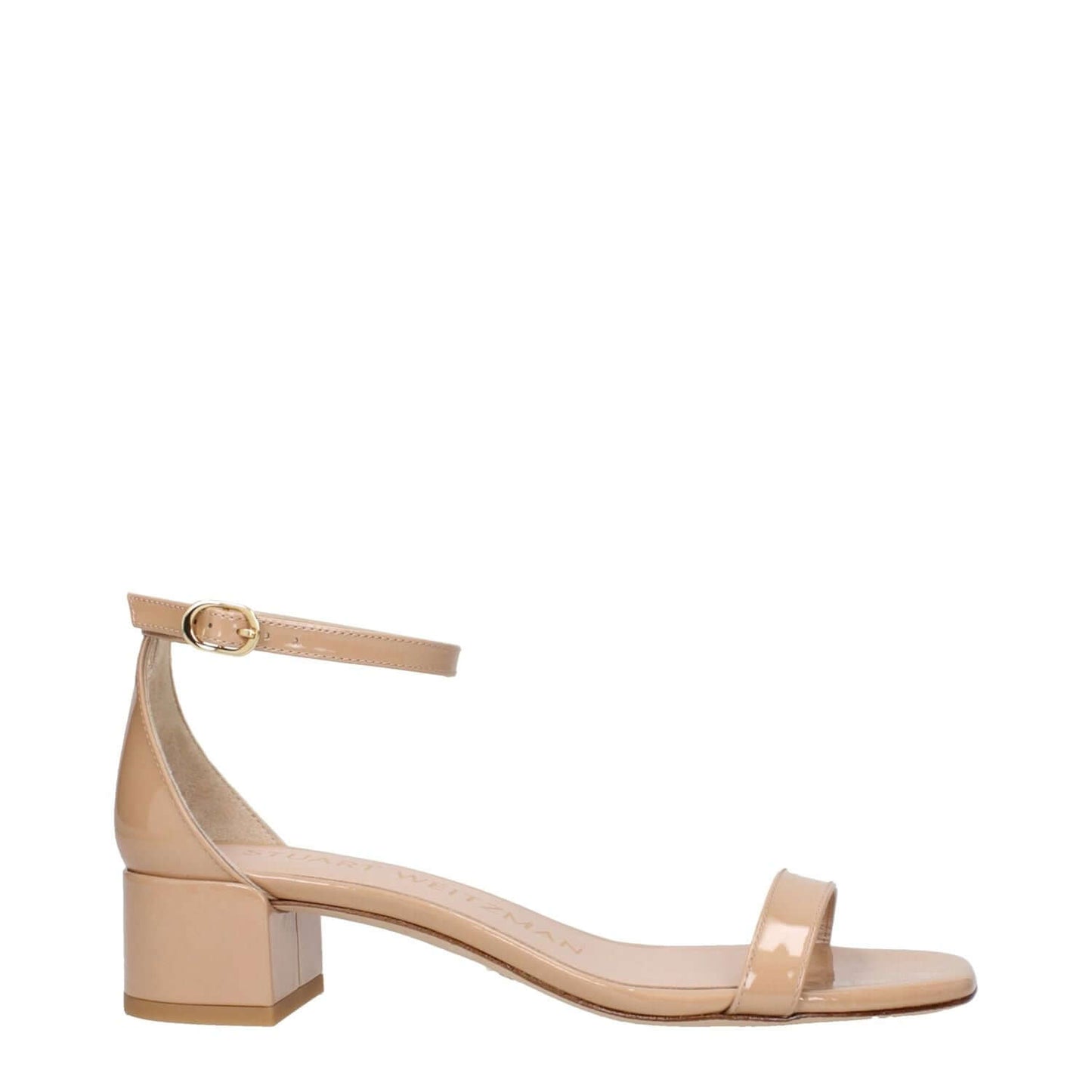 Stuart Weitzman Pink Leather Sandals with open toe, buckle closure, and 3.5 cm mid heel, patent leather casual style.