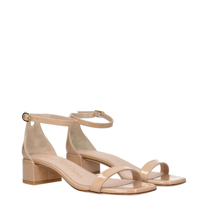 Stuart Weitzman Pink Leather Sandals with buckle closure, open toe, mid heels, 3.5 cm heel height, patent leather finish.
