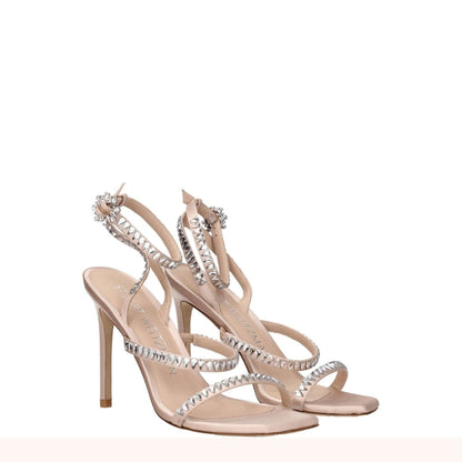 Stuart Weitzman Pink Satin Stiletto Heel Sandals with rhinestone straps, open toe, high heel, buckle closure, leather sole, powder pink color.