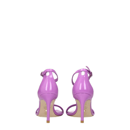 Stuart Weitzman Purple Leather Stiletto Heel Sandals with buckle closure, patent leather, open toe, 8 cm heel, shown in lilac color.