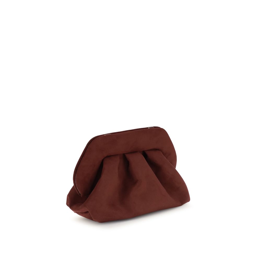 THEMOIRè Brown Other Fibres Clutch Bag with a minimalist suede design, detachable strap, and magnetic closure, made from sustainable materials.