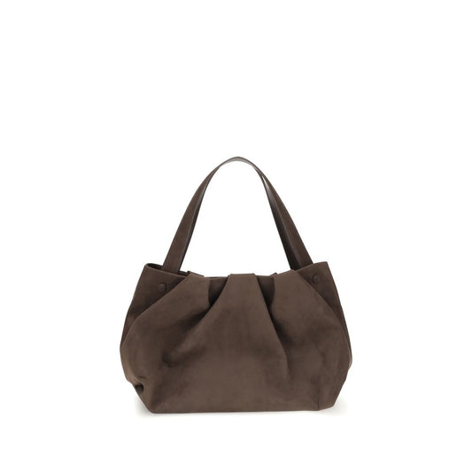 THEMOIRè Brown Other Fibres Shoulder Bag vegan suede with removable strap and magnetic closure, sustainable and elegant design.