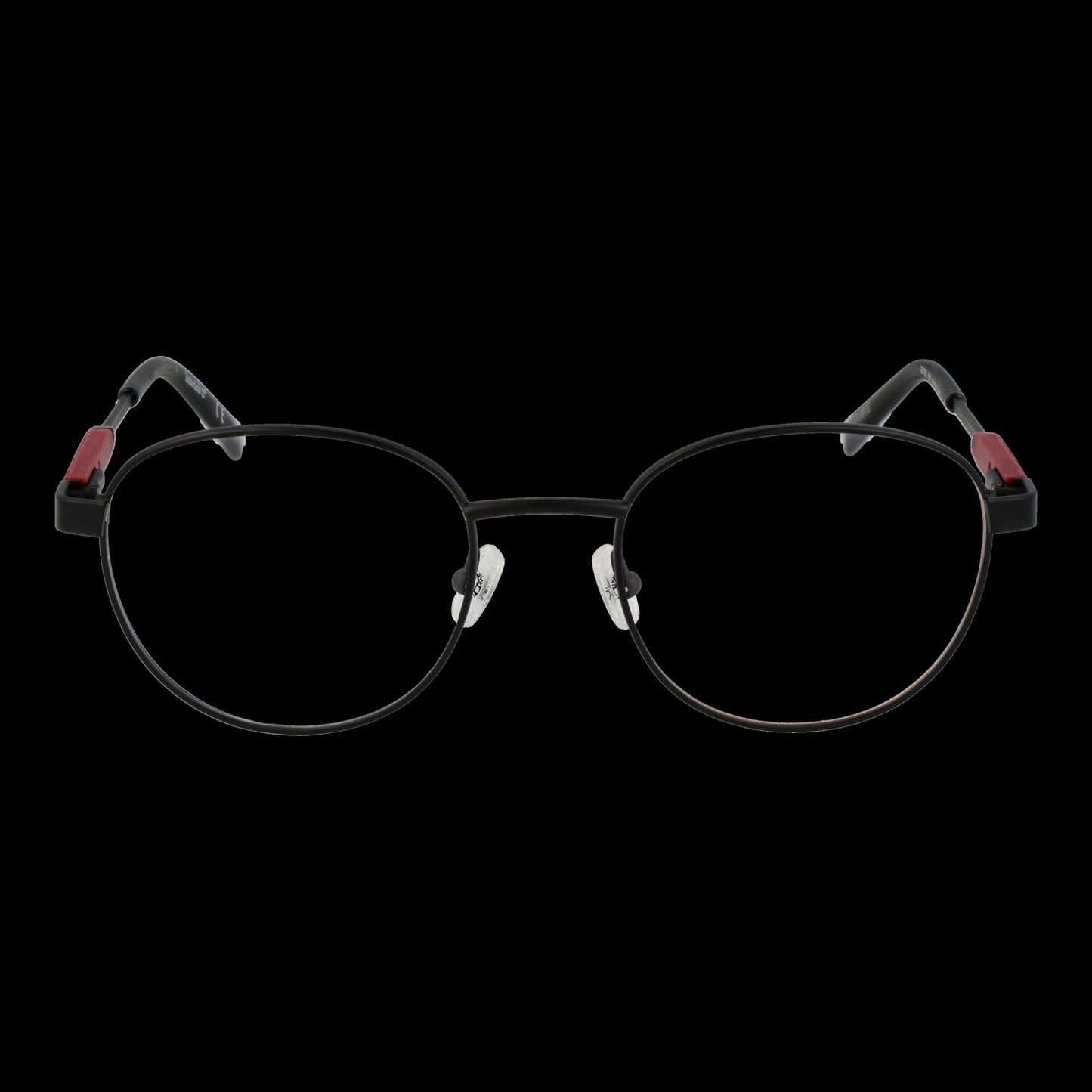 Front view of TIMBERLAND MOD. TB1708 51002 gent eyewear, showcasing sleek black metal frame and clear lenses on black background.