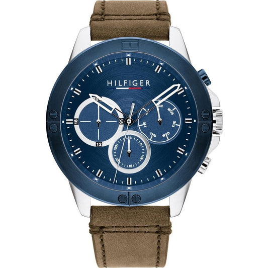 TOMMY HILFIGER Mod. 1791895 quartz analog gents watch with blue dial and brown strap, water resistant to 5 ATM, in official packaging.
