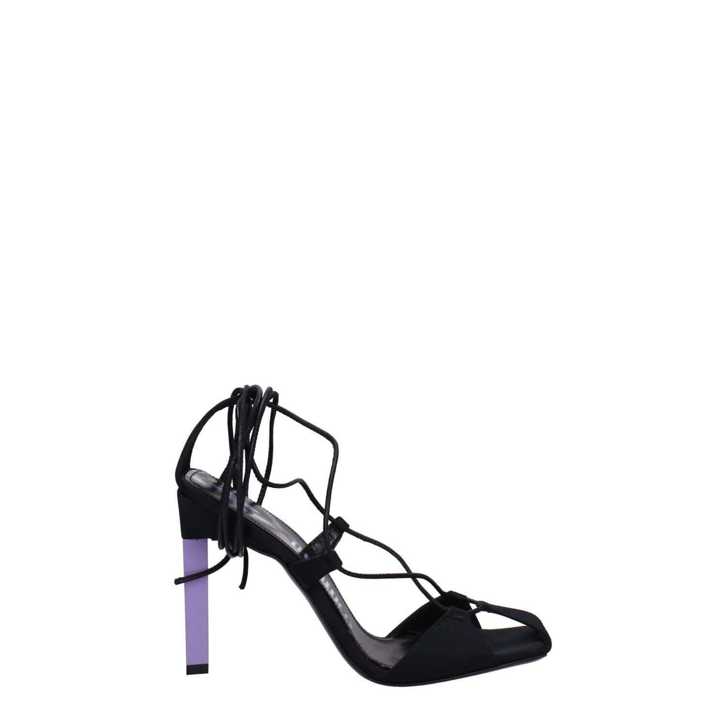 The Attico Black Fabric Stiletto Heel Sandals with self-tie closure and open toe design, featuring a 10.5 cm high heel.