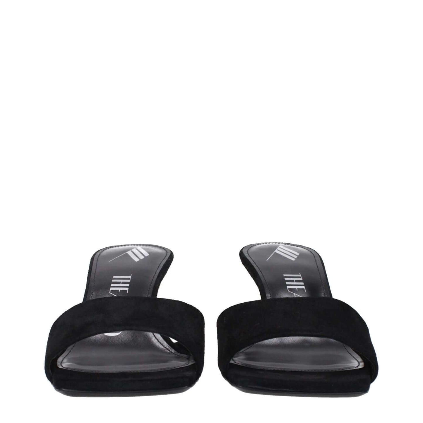 Front view of The Attico Black Leather Platform Sandals with open toe design and wedge heel, made from suede and leather.