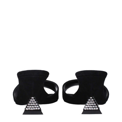 The Attico Black Leather Platform Sandals, black suede material, open toe, wedge heel with unique pyramid design, rear view.