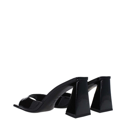 The Attico Black Leather Stiletto Heel Sandals with open toe and mid heels, featuring patent leather design, side view.