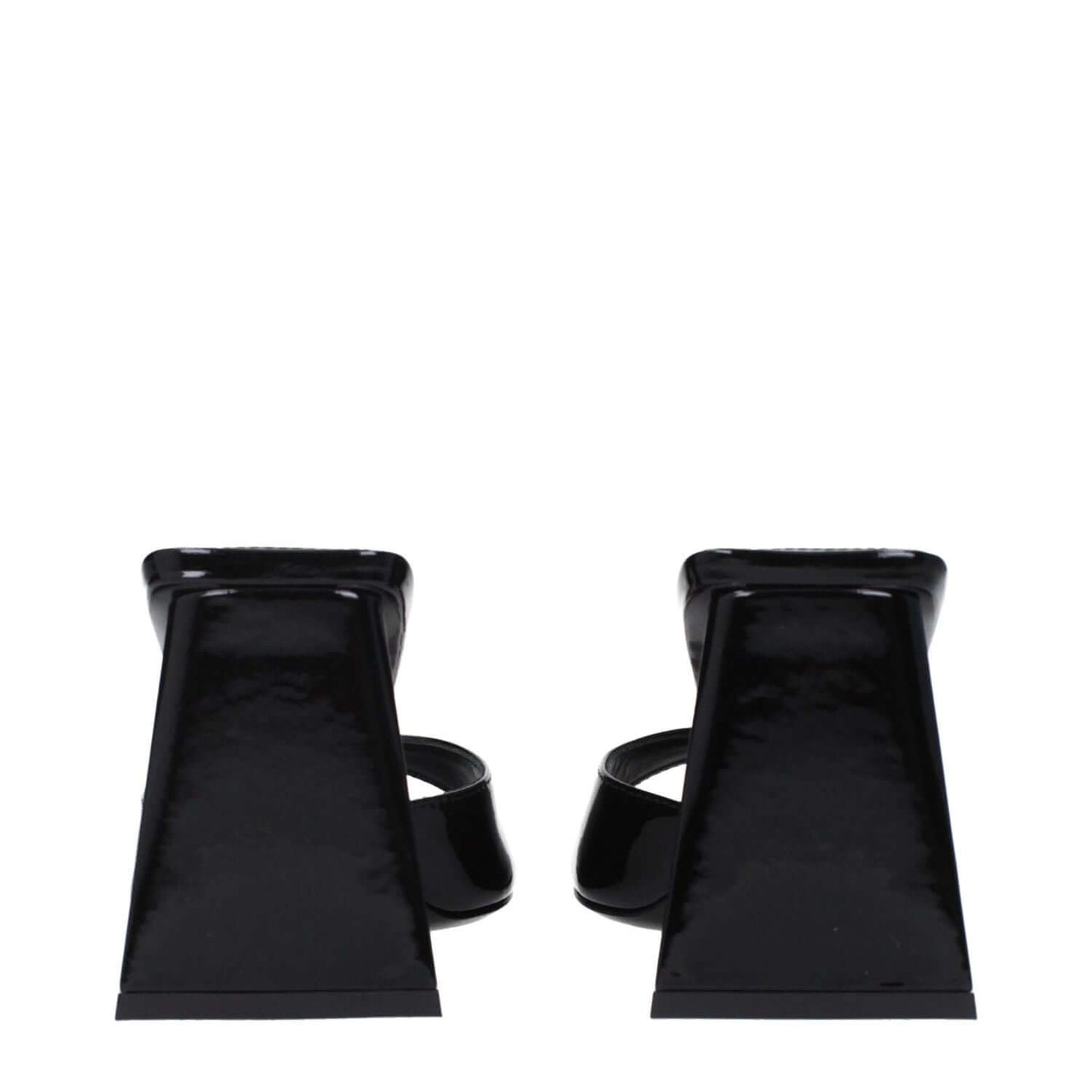 The Attico Black Leather Stiletto Heel Sandals with patent leather, open toe, and 8.5 cm mid heels, view from the back.