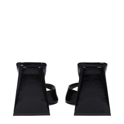 The Attico Black Leather Stiletto Heel Sandals with patent leather, open toe, and 8.5 cm mid heels, view from the back.