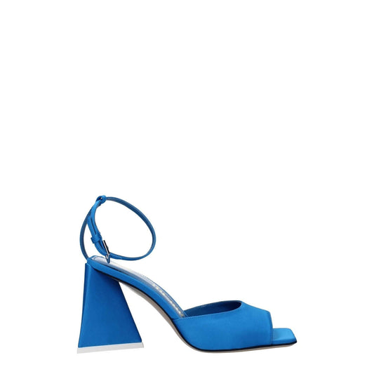 The Attico Blue Satin Stiletto Heel Sandals with buckle closure and open toe, featuring a leather sole and 8.5 cm mid heel.