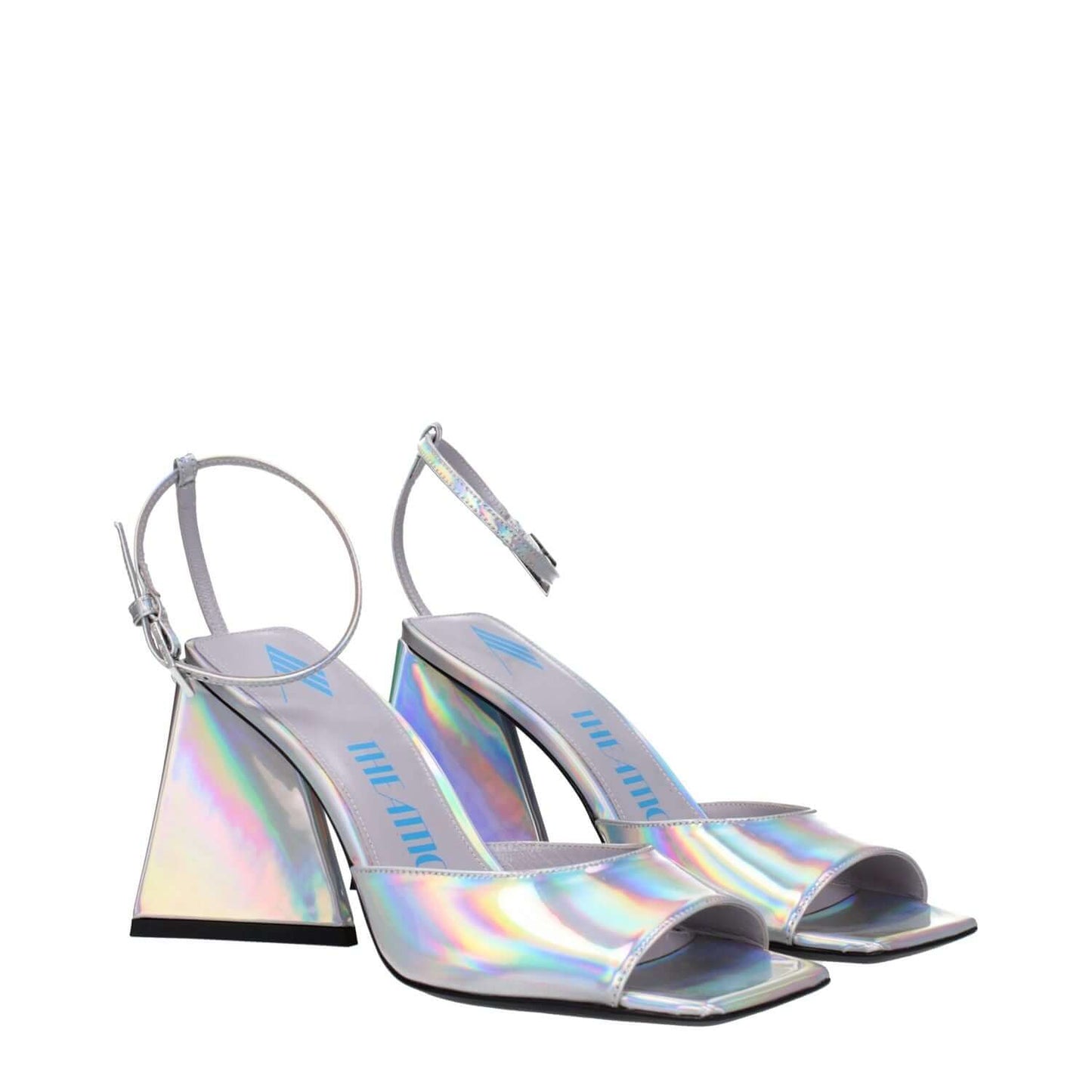 The Attico Gray Leather Platform Sandals with high heel and open toe design in silver, featuring eco leather and buckle closure.