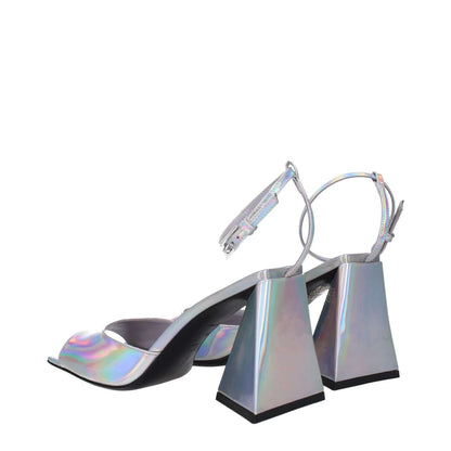 The Attico Gray Leather Platform Sandals with silver eco leather, high heels, buckle closure, open toe, and rubber sole.