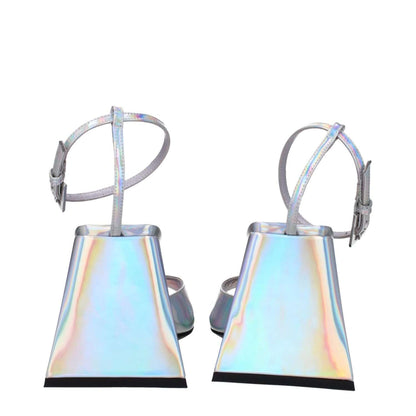 The Attico Gray Leather Platform Sandals with buckle closure and open toe design, showcasing an 8.5 cm high heel in eco leather.