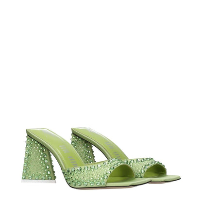 The Attico Green Satin Stiletto Heel Sandals with rhinestone accents, open toe design, 8.5 cm mid heels, and leather sole