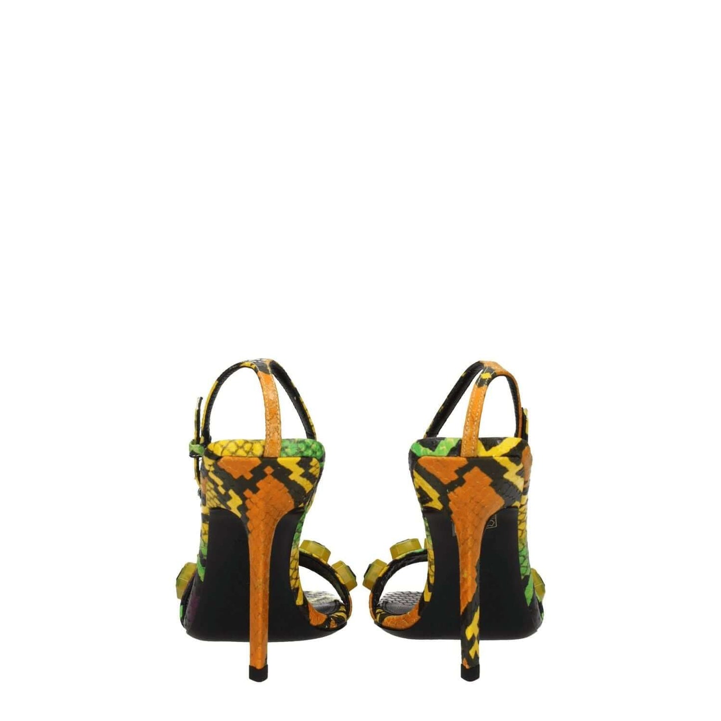 The Attico Multicolor Leather Stiletto Heel Sandals with snake print, open toe design, buckle closure, and 10.5 cm high heel.