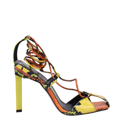 The Attico Orange Leather Stiletto Heel Sandals with vintage effect, self-tie closure, and snake print in orange and yellow.