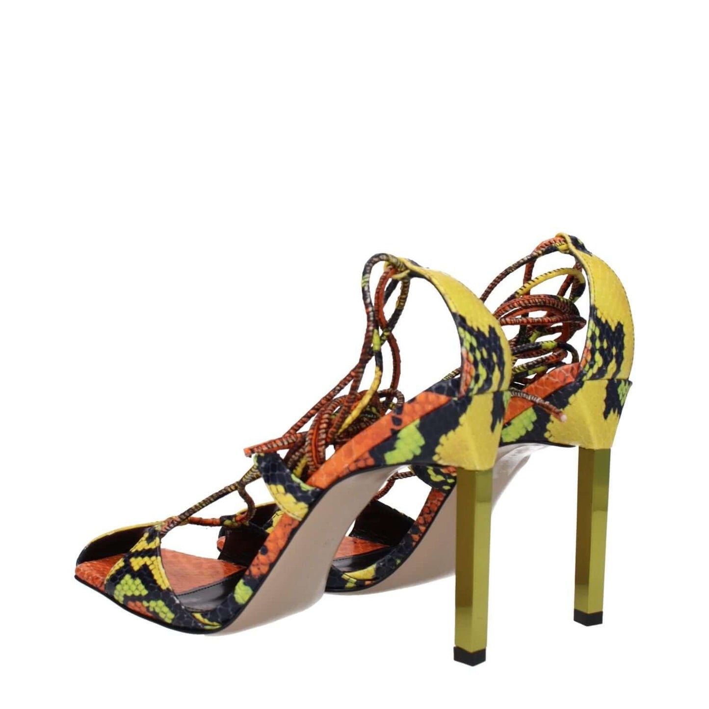 The Attico Orange Leather Stiletto Heel Sandals with snake print, vintage style, open toe, high heel, self-tie closure.