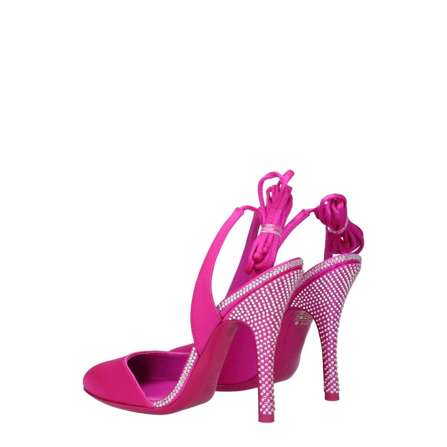 The Attico Pink Satin Stiletto Heel Sandals with rhinestone details and self-tie closures, featuring an 11 cm high heel and leather sole.