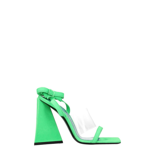 The Attico Transparent Leather Flat Sandals in fluo green suede with high heel and self-tie closures, side view.