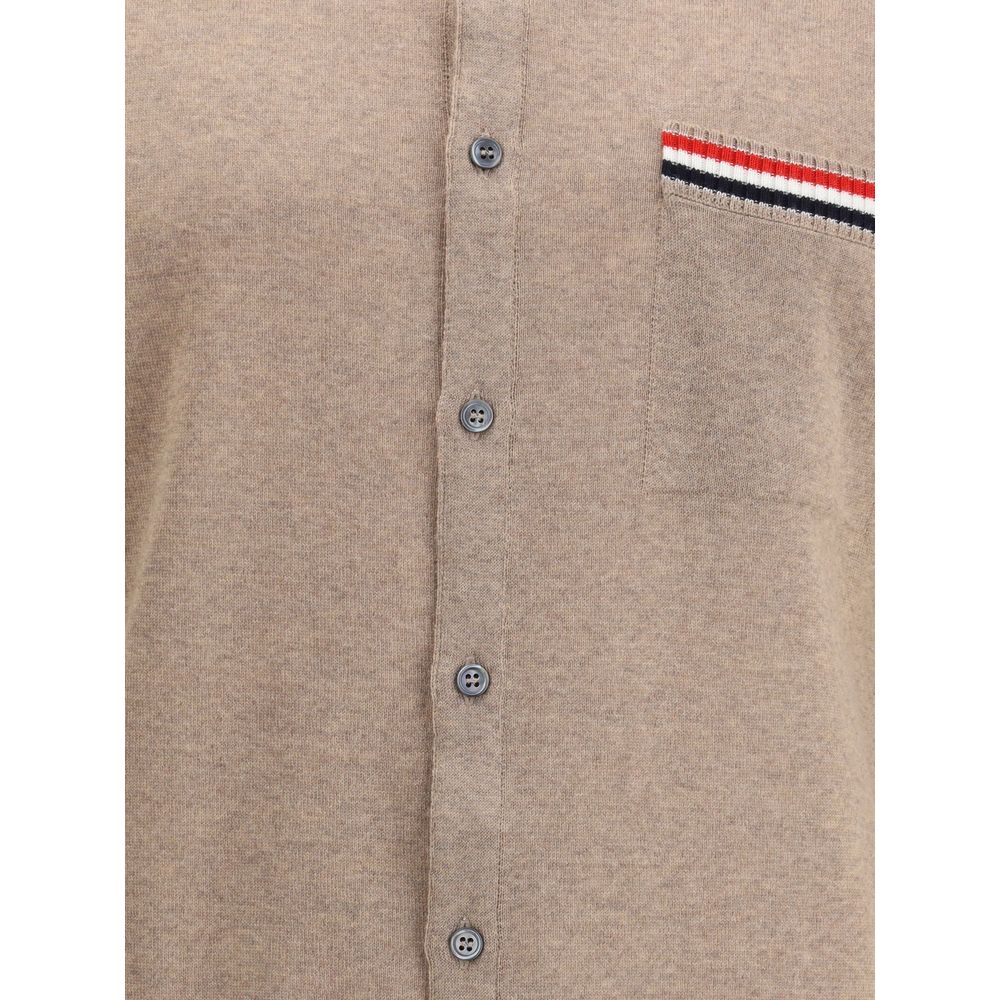 Thom Browne Beige Fleece Wool Cardigan with tricolor detail and button closure.